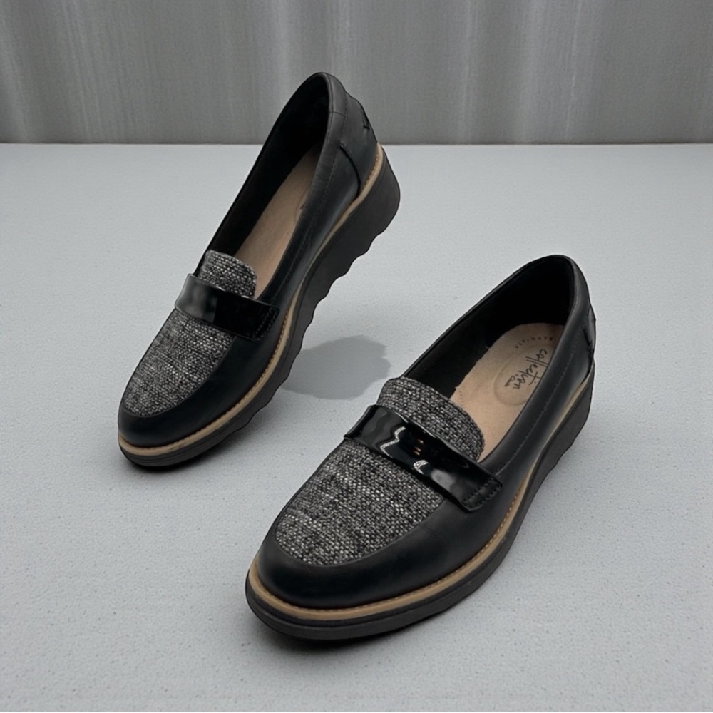 Clarks Women's Sharon Gracie Black Tweed Women's Loafers Size 8.5M - Picture 1 of 15